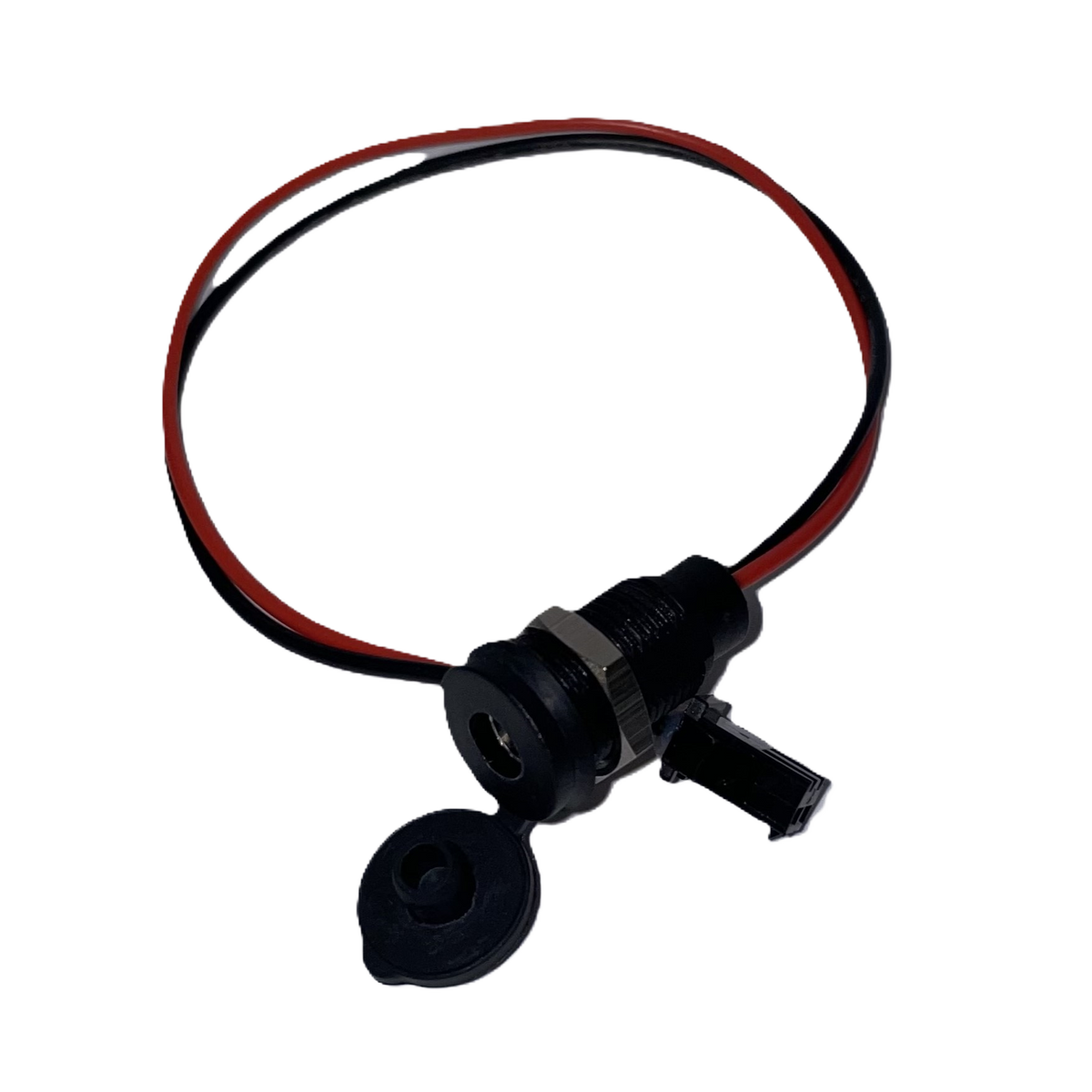 JackRabbit OG charging port with rubber dust cap, mounting nut, and wiring