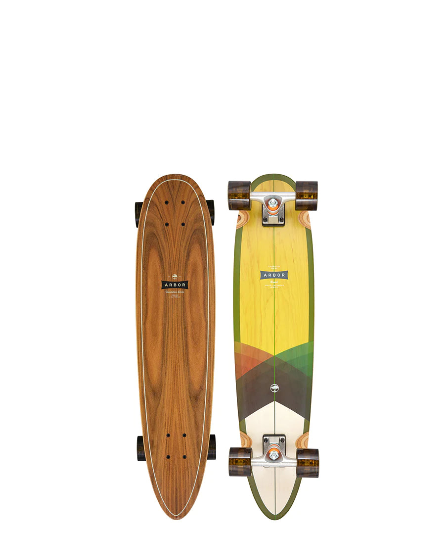 Top down and bottom up view of the Arbor Breach Foundation 34in complete skateboard 